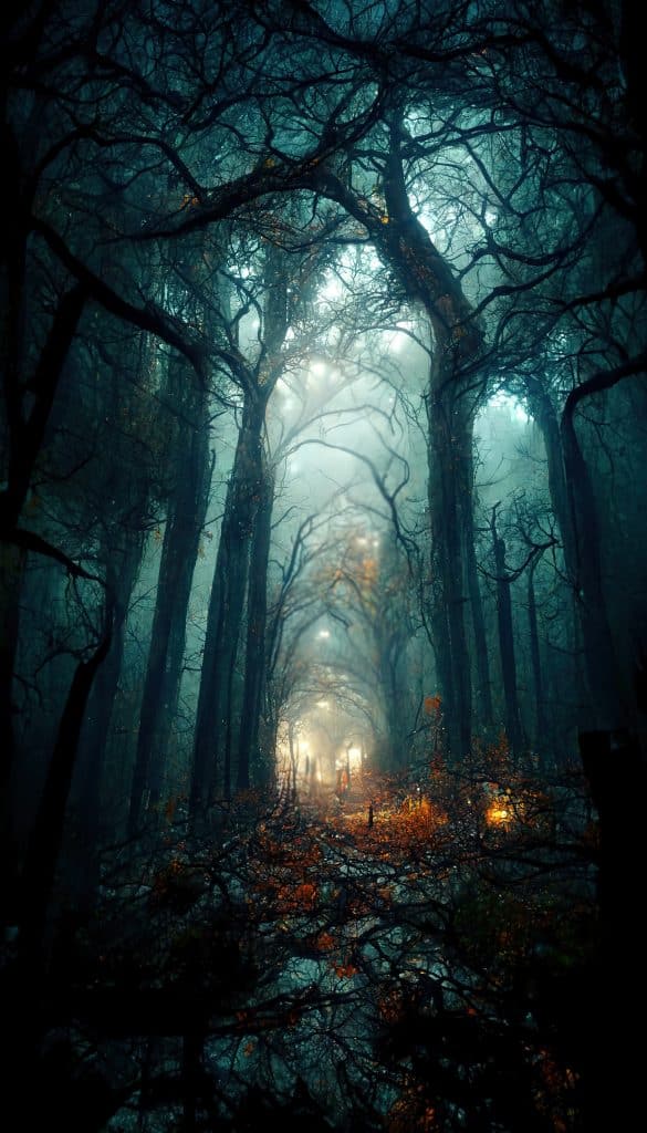Realistic haunted spooky forest, creepy landscape at night. Fantasy Halloween forest background. Surreal mysterious atmospheric woods design backdrop. Digital art. For the editorial on Peter Tilley.