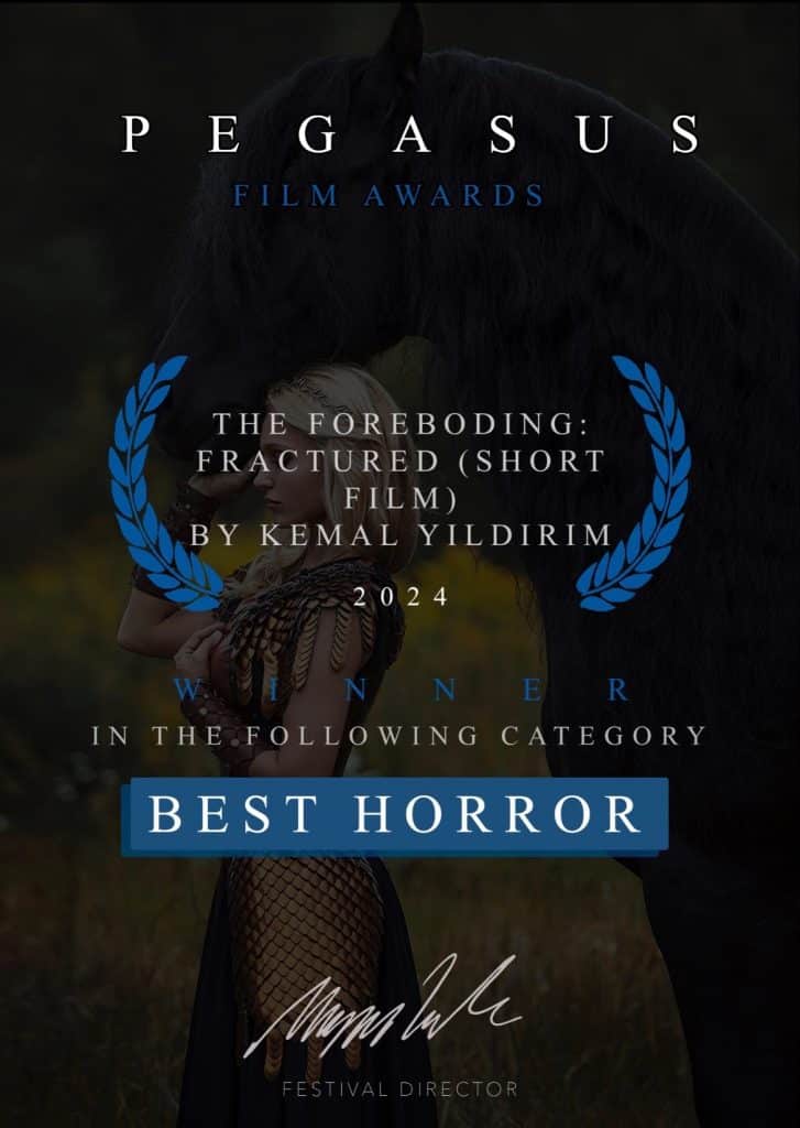 A poster depicting the winner of best horror. The Foreboding: Fractured won in this category. Award from Pegasus Film awards.